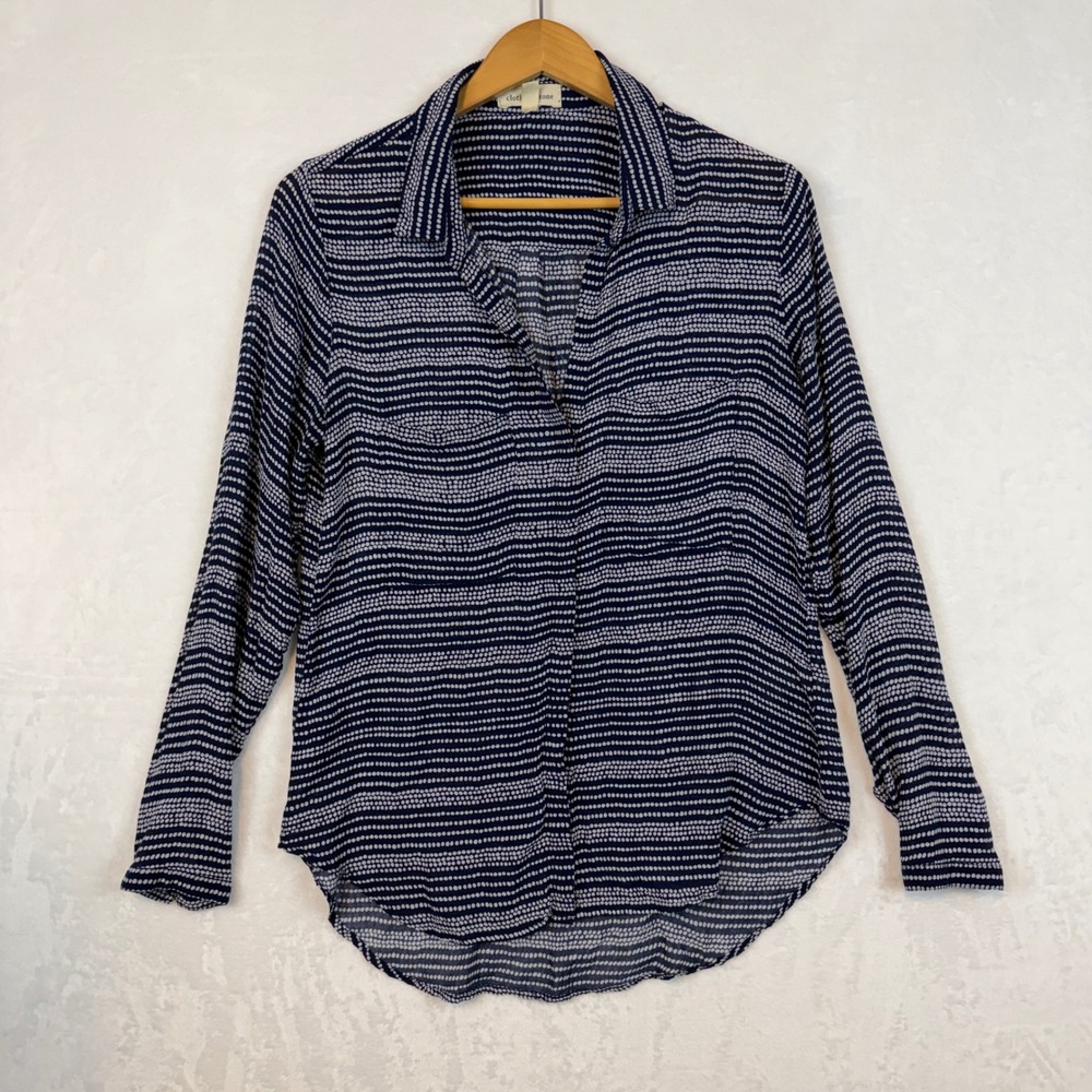 Cloth & Stone Navy White Dot Print Button Up Shirt Womens Medium‎ Rayon L/S